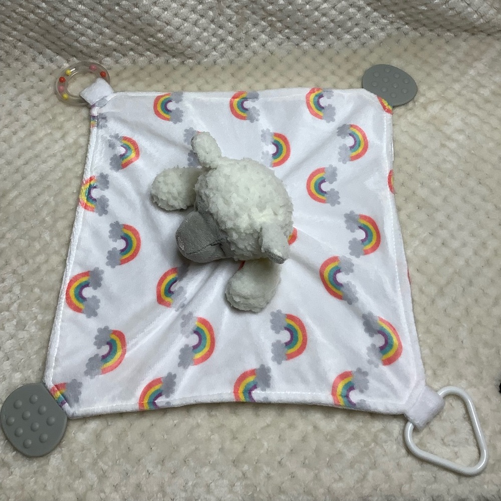 Modern Baby Plush Sheep Rainbow Lovey Lamb Security Blanket W Teether and Rattle
